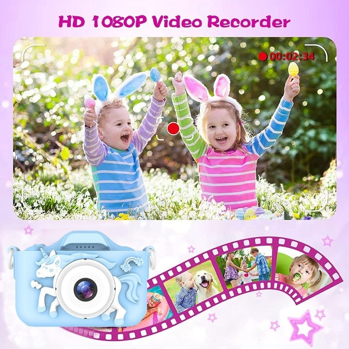 Aparat foto digital pentru copii, cu husa de silicon, model unicorn, cablu USB, bareta de transport, cu jocuri si diverse cadre foto, albastru