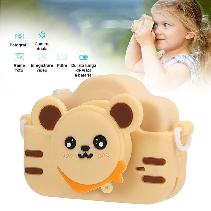Aparat foto pentru copii, cu husa de protectie din silicon, model ursulet, cu jocuri, muzica, filtre si rame creative, afisaj color de 2, 0 inchi. bej