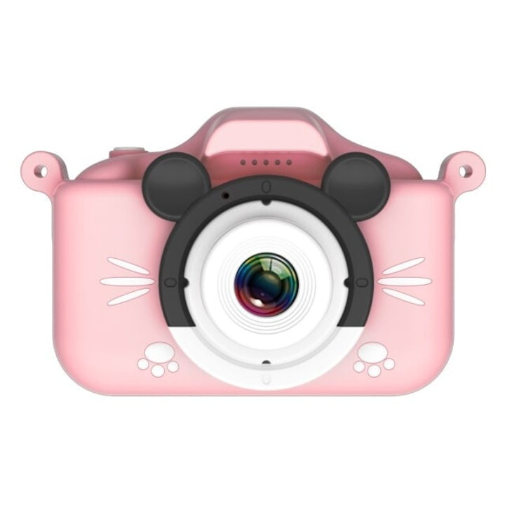 Aparat foto pentru copii, cu husa de protectie din silicon roz, cu bareta de transport, camera selfie, cu jocuri incorporate, roz