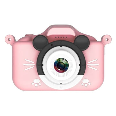 Aparat foto pentru copii, cu husa de protectie din silicon roz, cu bareta de transport, camera selfie, cu jocuri incorporate, roz