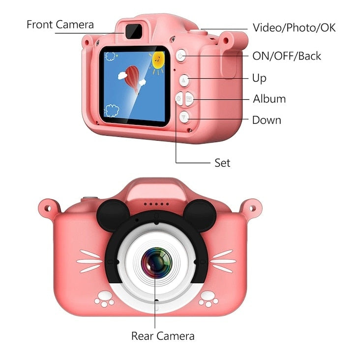 Aparat foto pentru copii, cu husa de protectie din silicon roz, cu bareta de transport, camera selfie, cu jocuri incorporate, roz