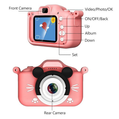 Aparat foto pentru copii, cu husa de protectie din silicon roz, cu bareta de transport, camera selfie, cu jocuri incorporate, roz