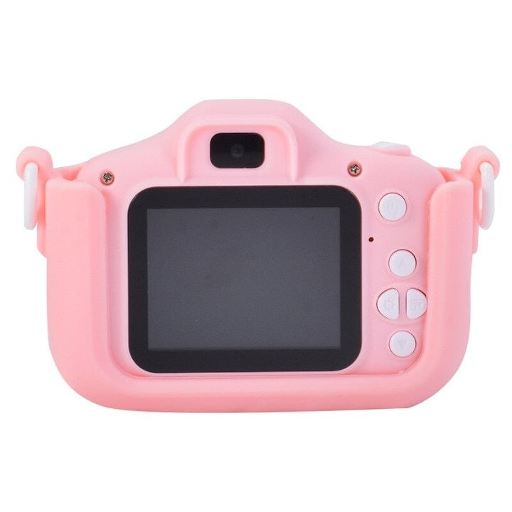 Aparat foto pentru copii, cu husa de protectie din silicon roz, cu bareta de transport, camera selfie, cu jocuri incorporate, roz