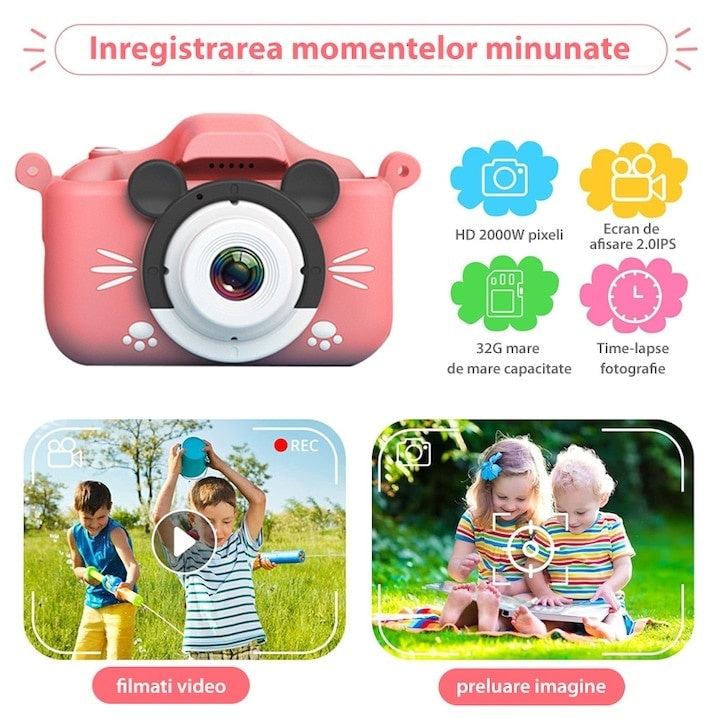 Aparat foto pentru copii, cu husa de protectie din silicon roz, cu bareta de transport, camera selfie, cu jocuri incorporate, roz