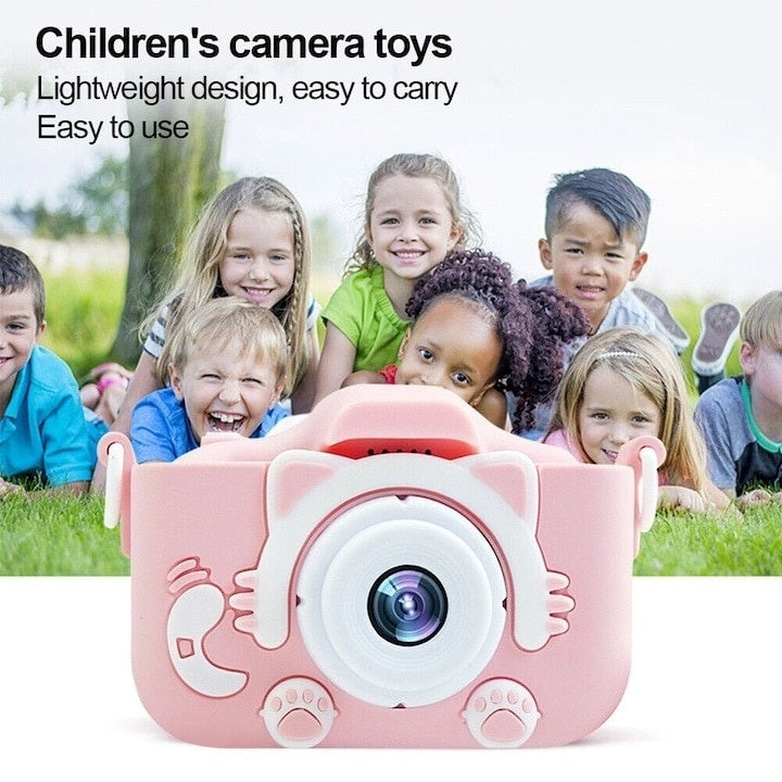 Aparat foto pentru copii, ecran 2 inch, 12 MP, rezolutie 1080P, HD, peste 2000 de fotografii, 2 ore videoclip, incarcare USB, roz