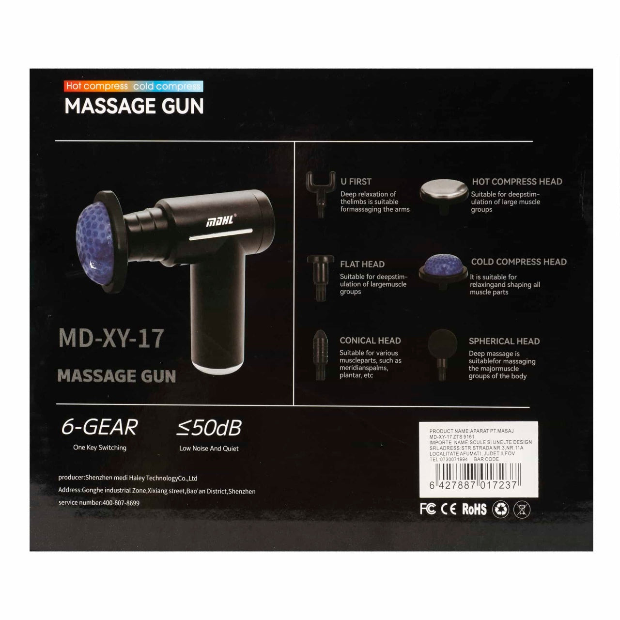 Aparat masaj tip pistol cu 6 capete si 6 trepte viteza, incarcare USB