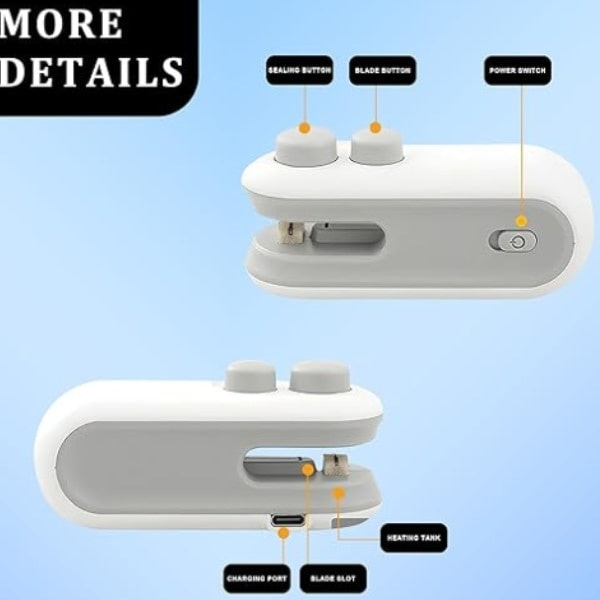 Aparat pentru sigilat pungi, portabila, cu taietor integrat, sigilare rapida, design ergonomic, indicator luminos, alb