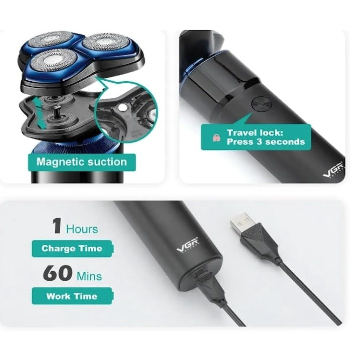 Aparat ras electric, cu 3 capete rotative, din metal si plastic, incarcare USB, buton blocare, baza magnetica detasabila, negru