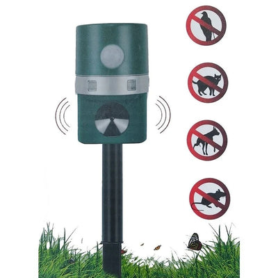 Aparat solar impotriva daunatorilor, cu ultrasunete, lumina LED, pentru gradina, cu tarus, buton on/off, verde