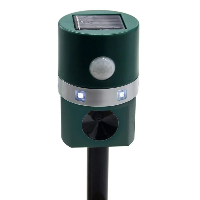 Aparat solar impotriva daunatorilor, cu ultrasunete, lumina LED, pentru gradina, cu tarus, buton on/off, verde