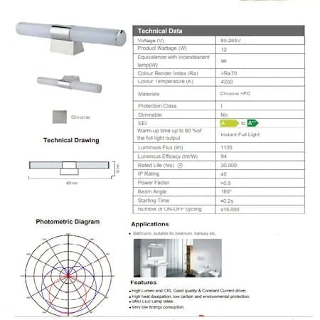 Aplica baie LED 12W, 1135 lm, lumina naturala 4200K, IP45, crom