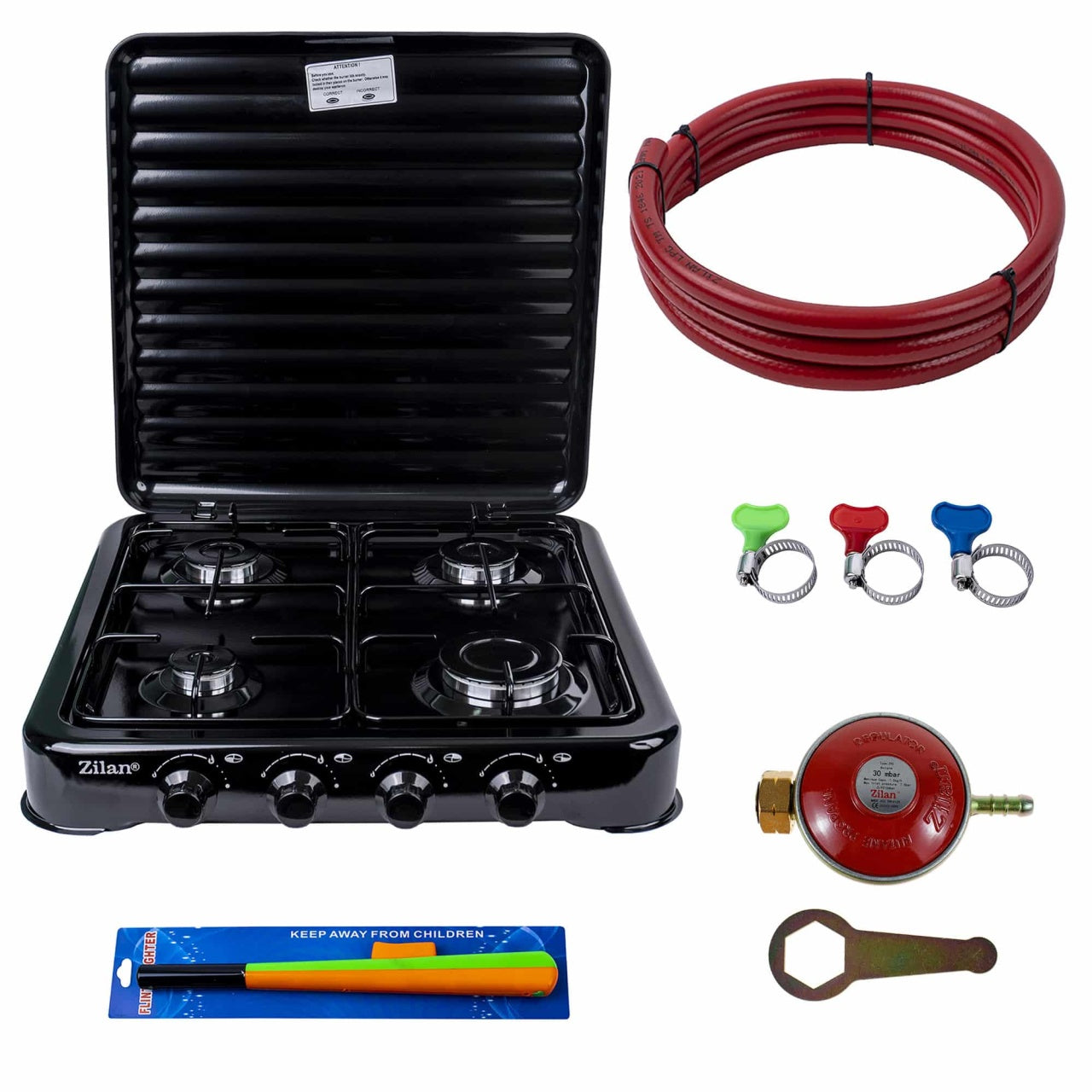 Aragaz 4 ochiuri 55x50 cm cu ceas pentru butelie si furtun gaz 2m, negru