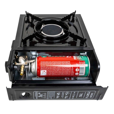 Aragaz camping cu aprindere automata, dubla alimentare butelie spray sau gaz, flacara antivant