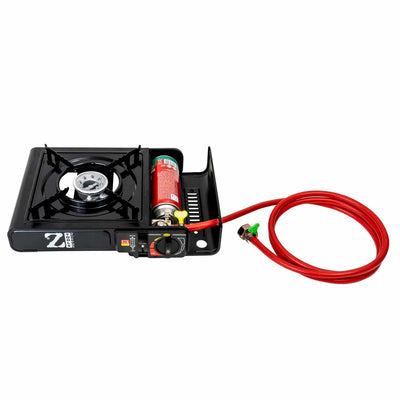 Aragaz camping cu aprindere automata, dubla alimentare, pachet complet cu 2 butelii si kit alimentar