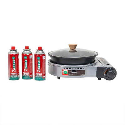 Aragaz camping cu oala si capac de sticla, putere 2.3kW, aprindere electrica, gri + 3 butelii gaz 41