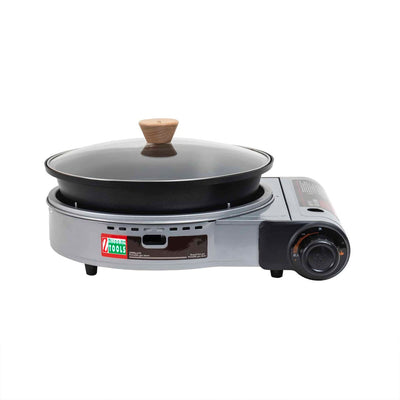 Aragaz camping cu oala si capac din sticla, 2.3 kW, aprindere electrica, gri