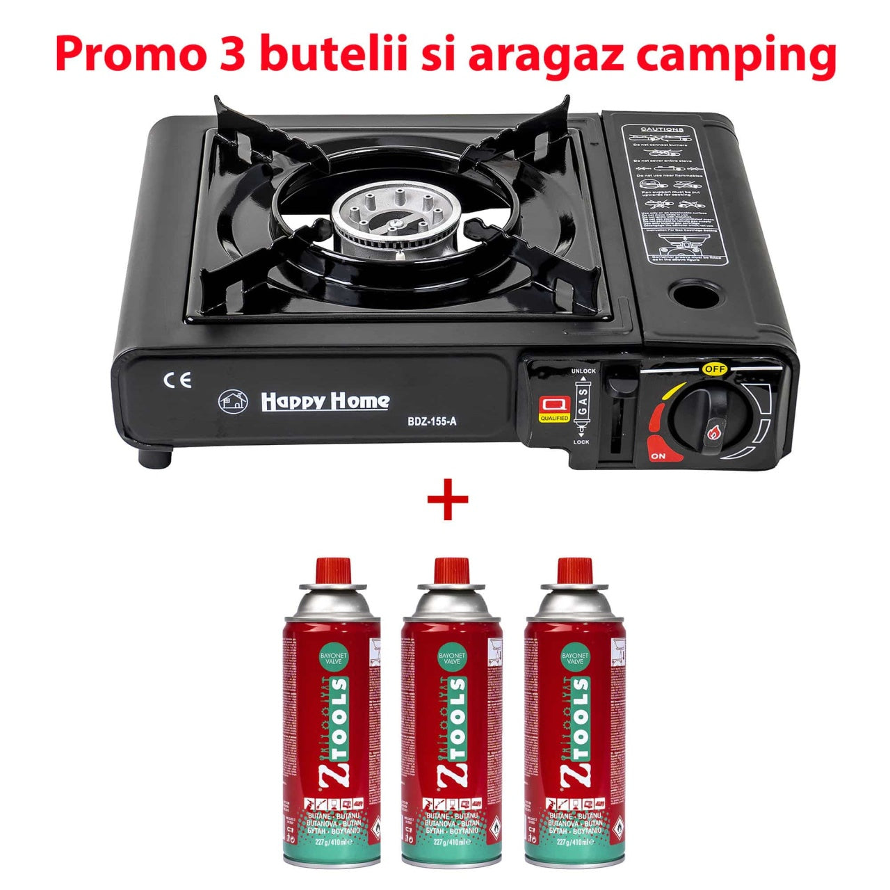 Aragaz camping cu un arzator, aprindere automata, negru + 3 butelii 410ml