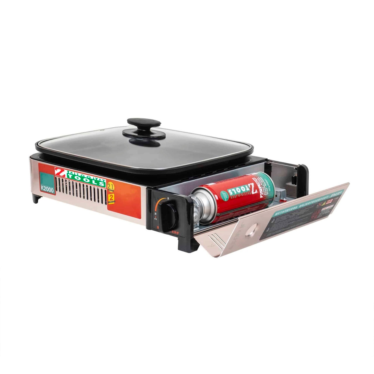 Aragaz camping grill cu capac de sticla, putere 2.1 kW, un arzator