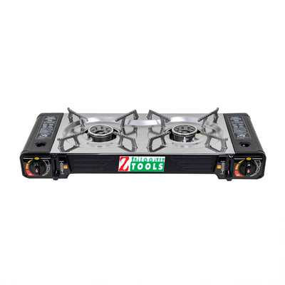 Aragaz camping inox cu 2 ochiuri, aprindere electrica, 2x2.5kW, tava gril si cutie transport