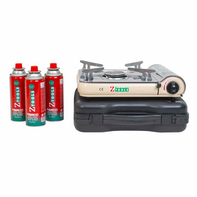 Aragaz camping inox cu aprindere electrica, putere 2.5kW, crem + 3 butelii 410ml