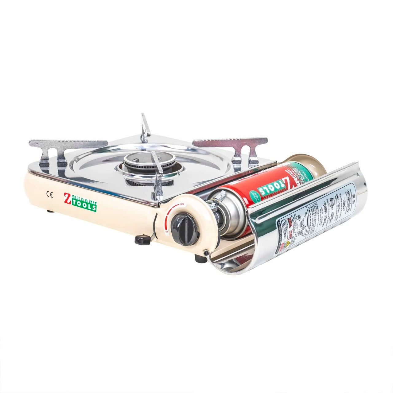 Aragaz camping inox cu aprindere electrica, putere 2.5kW, crem + 3 butelii 410ml