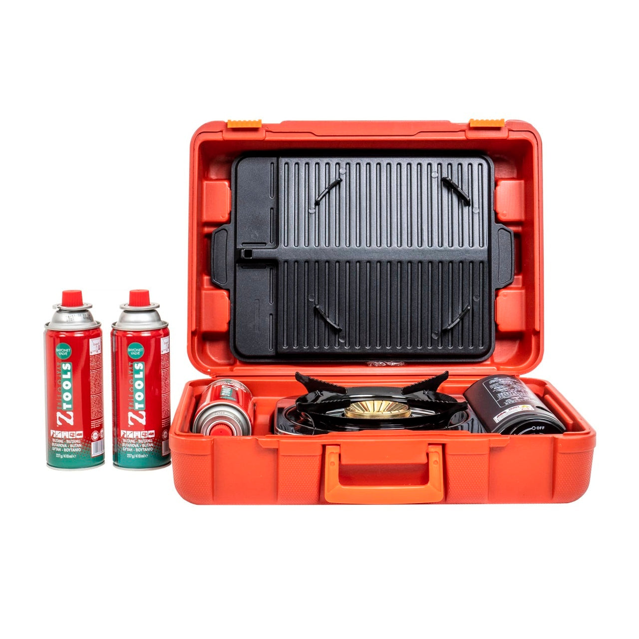 Aragaz camping inox cu aprindere electrica, tava, cleste, cutit si cutie transport + 3 butelii 410ml