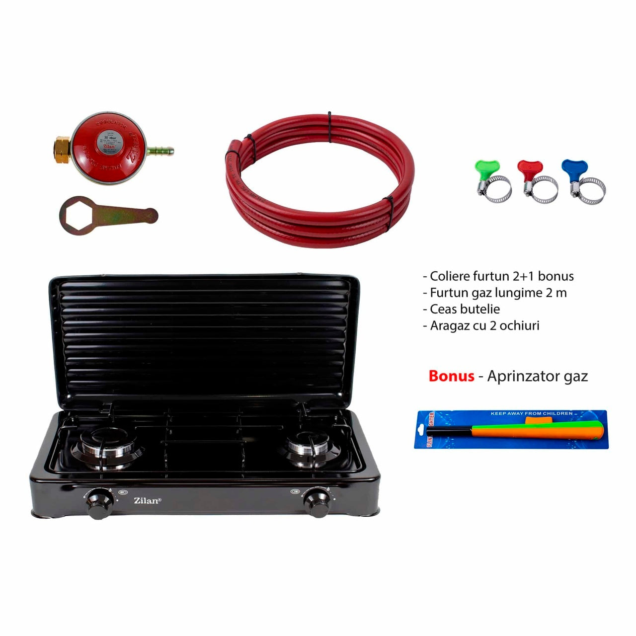 Aragaz cu 2 ochiuri, 58x29 cm, negru, cu accesoriu complet pentru gaz