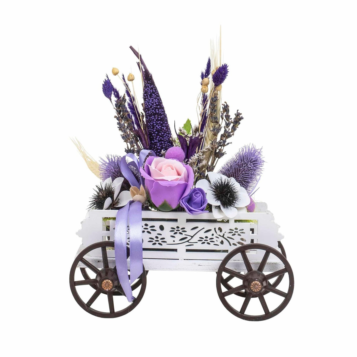 Aranjament caruta alba din lemn cu flori multicolore, 30 cm inaltime