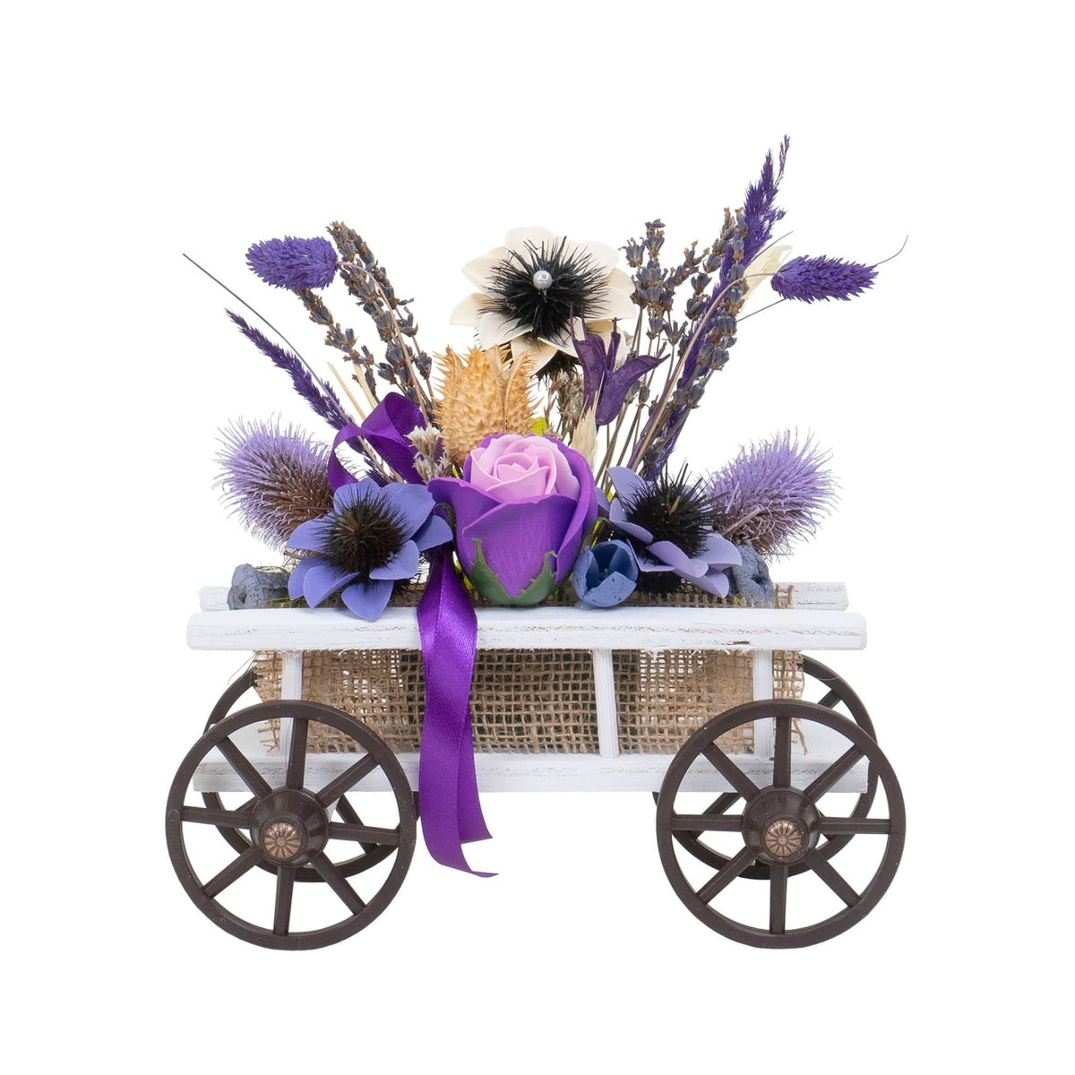 Aranjament caruta alba din lemn cu flori multicolore, 30 cm inaltime