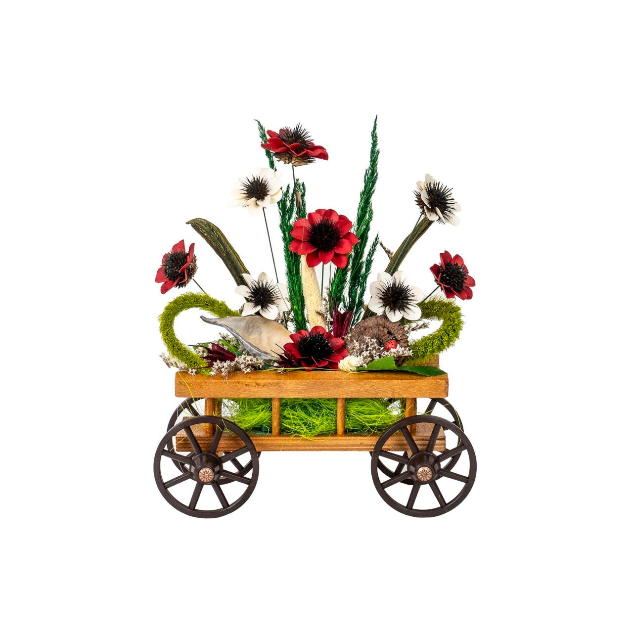 Aranjament caruta din lemn cu flori textile multicolor, 30 cm inaltime