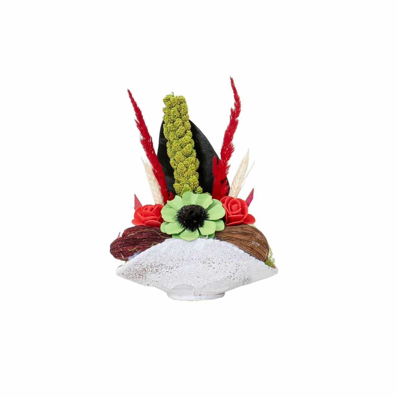 Aranjament cosulet alb din ceramica cu flori textil, 24 cm
