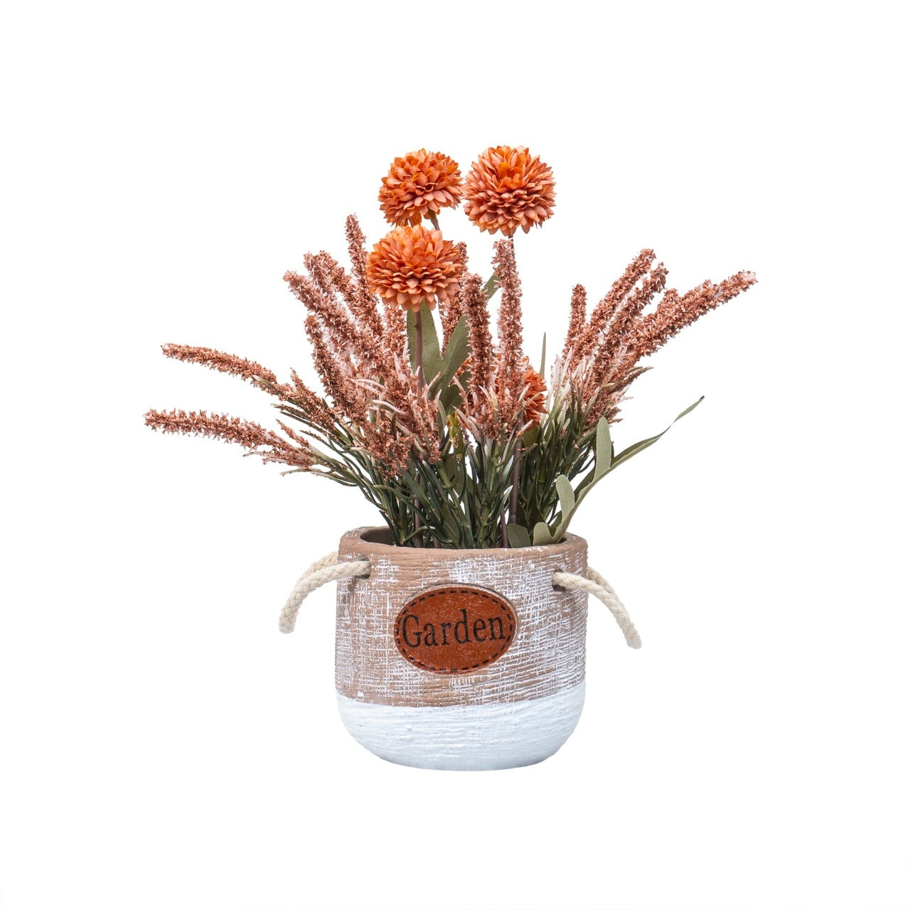 Aranjament floral crizantema si lavanda in ghiveci ceramica, H27 cm, portocaliu