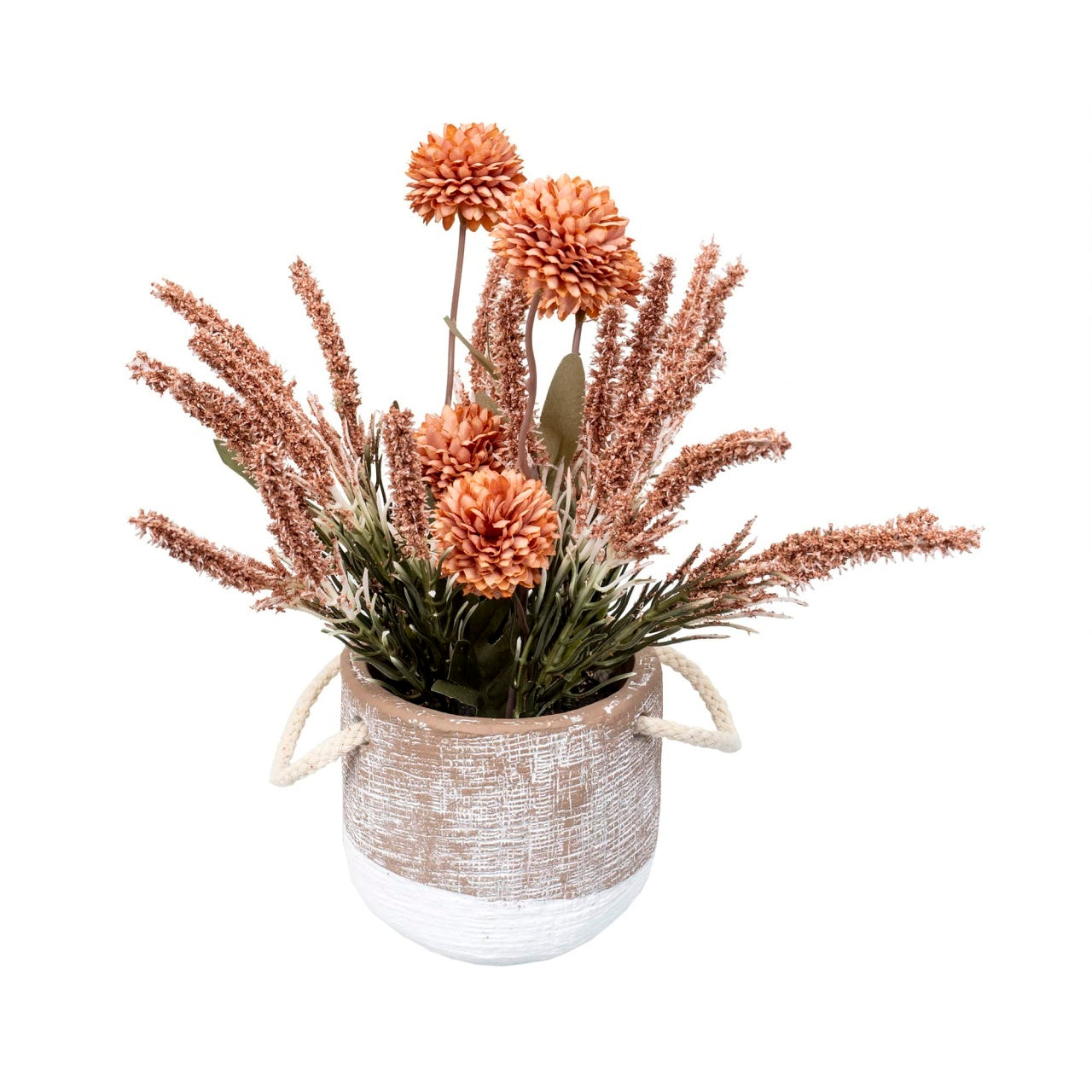 Aranjament floral crizantema si lavanda in ghiveci ceramica, H27 cm, portocaliu