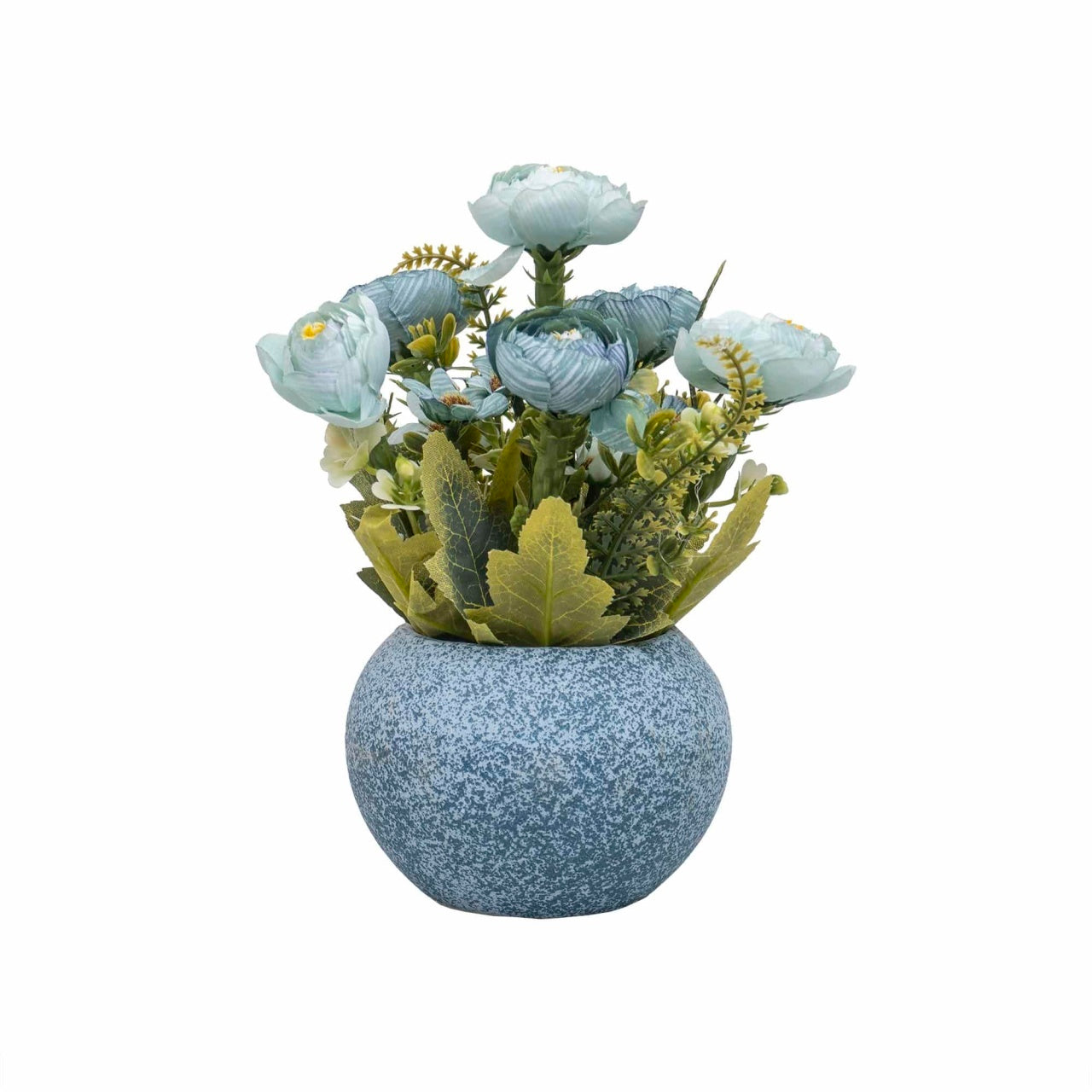 Aranjament floral cu trandafiri, ghiveci ceramic albastru, H 20 cm