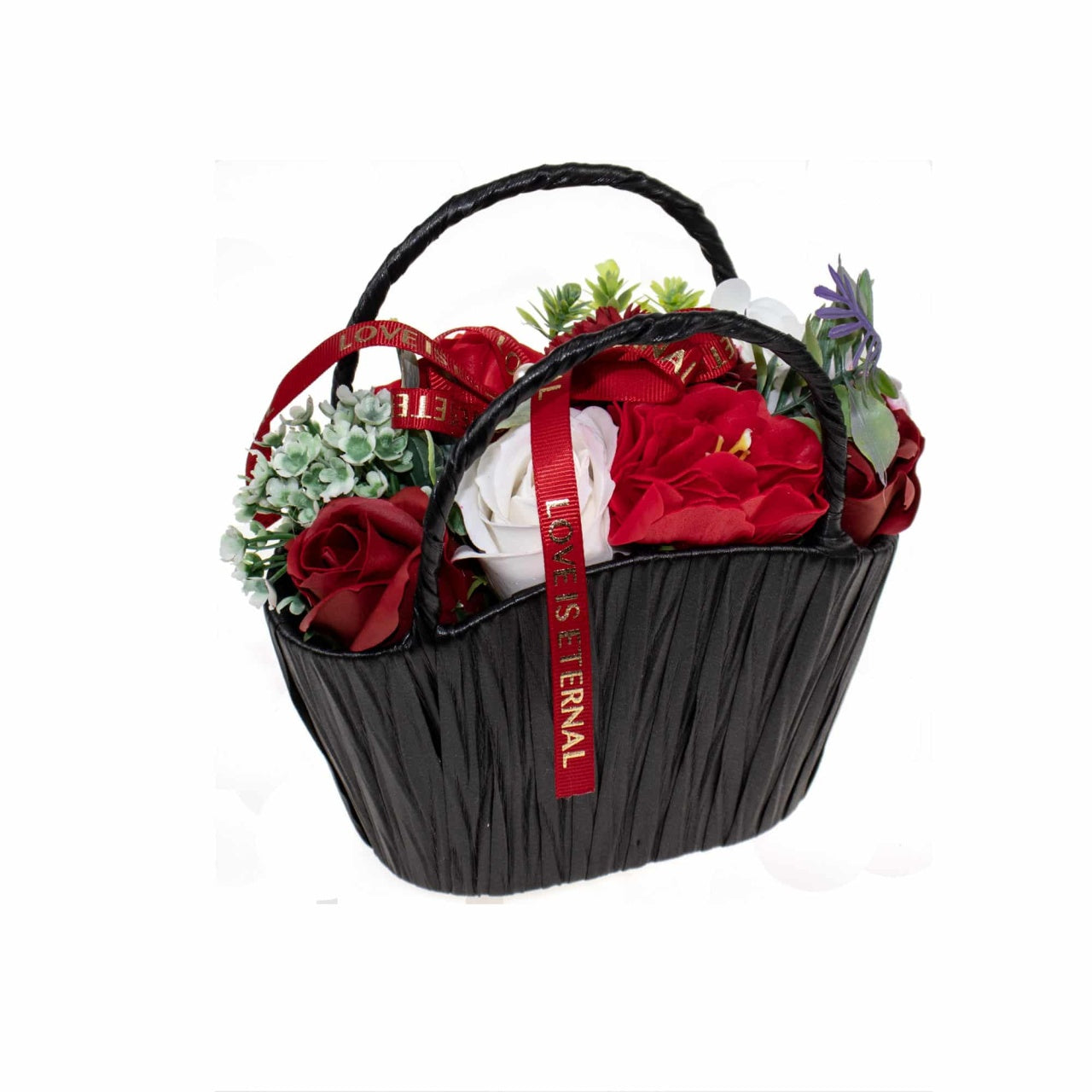 Aranjament floral cu trandafiri multicolori din sapun, cos decorativ cu flori parfumate