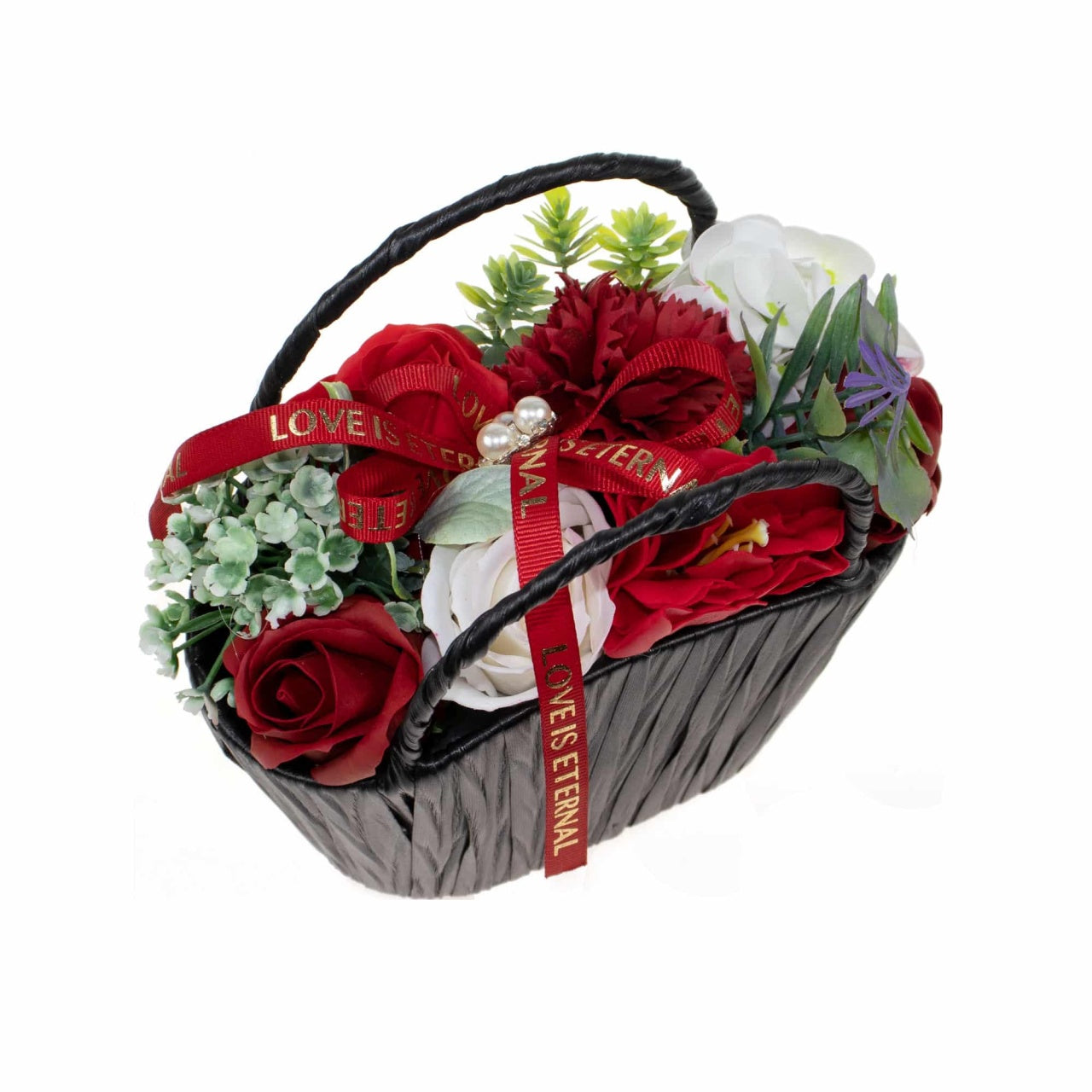 Aranjament floral cu trandafiri multicolori din sapun, cos decorativ cu flori parfumate