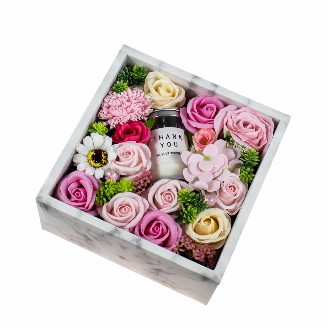 Aranjament floral cu trandafiri multicolori din sapun, cutie cu lumanare parfumata