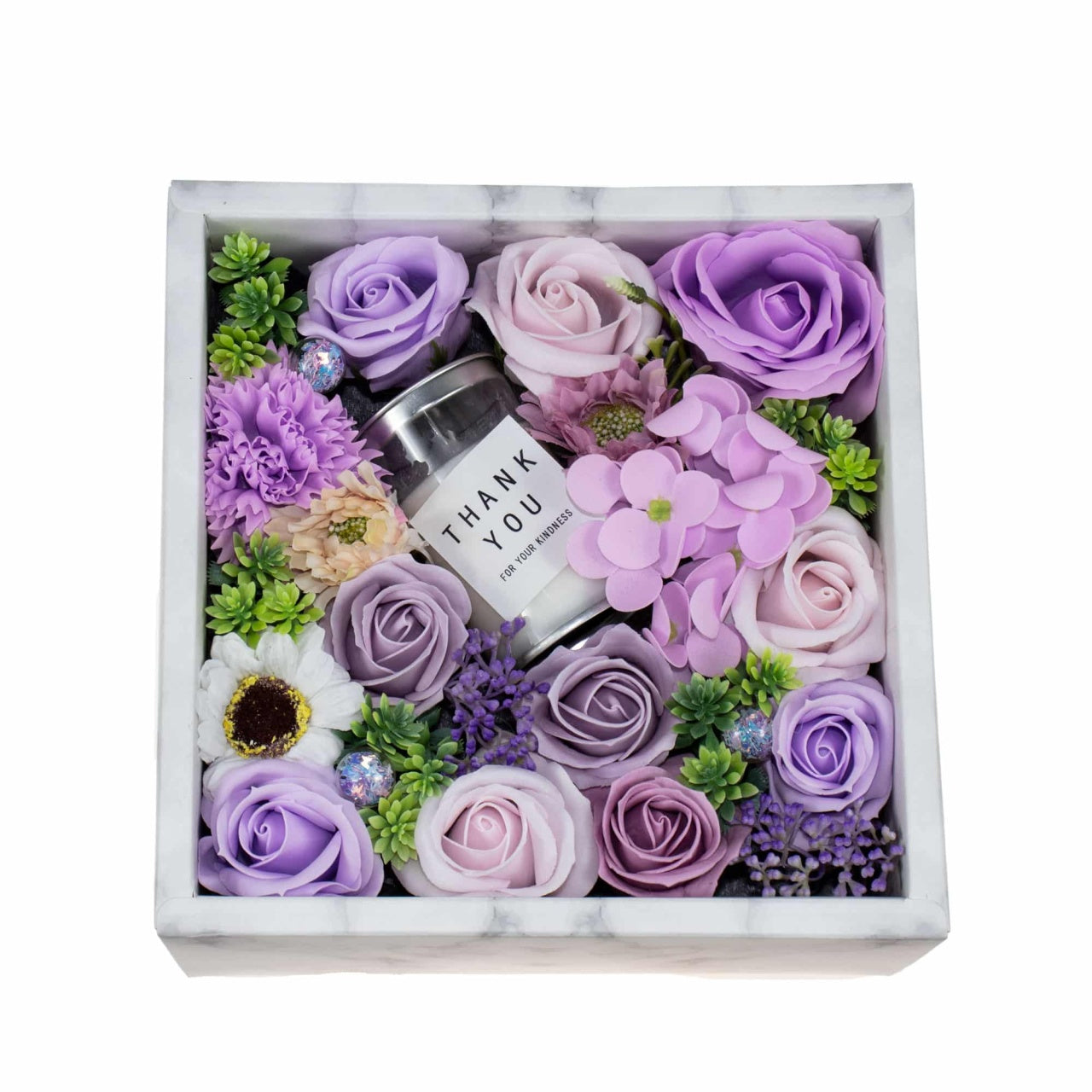 Aranjament floral cu trandafiri multicolori din sapun, cutie cu lumanare parfumata