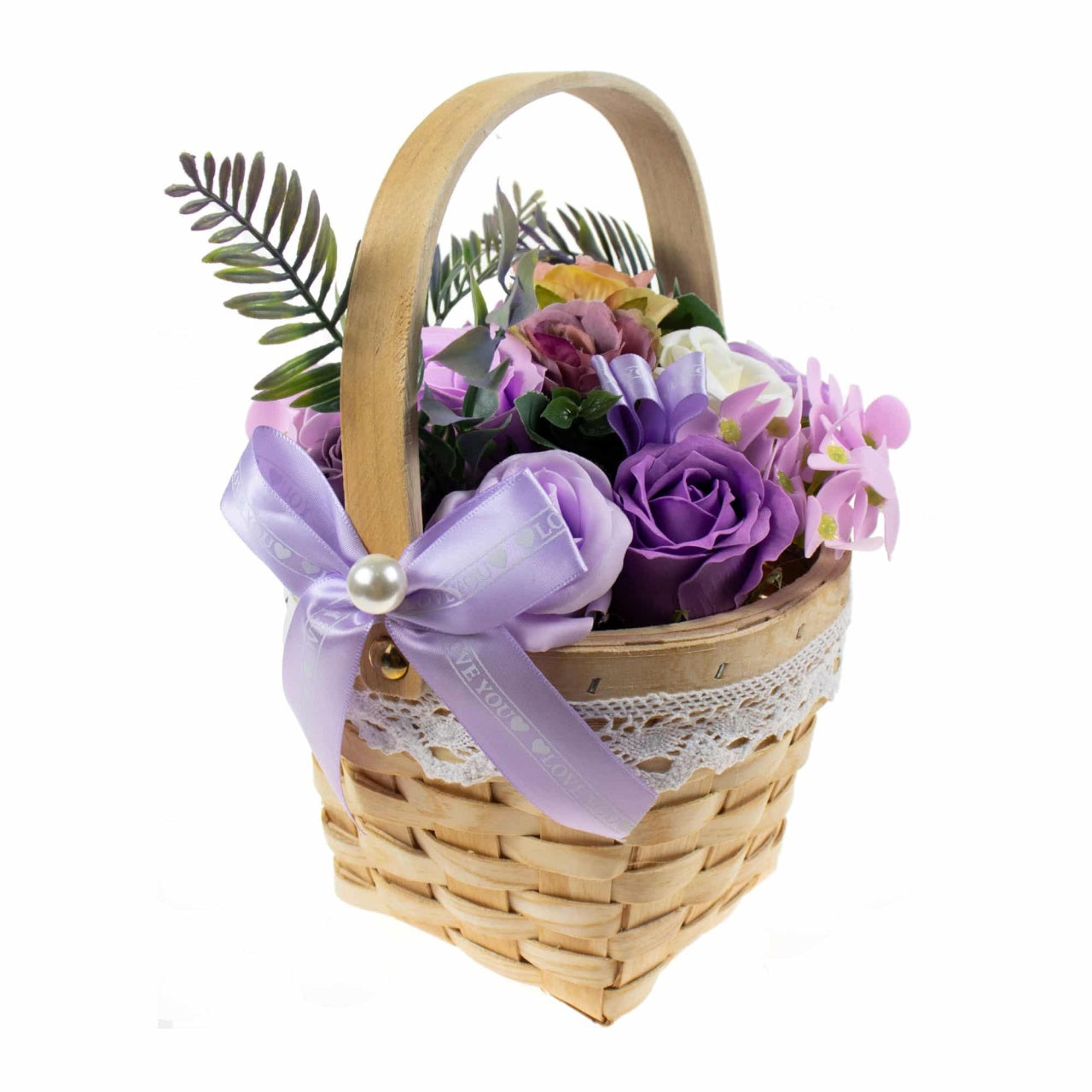 Aranjament floral cu trandafiri multicolori din sapun in cos lemn, parfum delicat