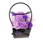 Aranjament floral cu trandafiri multicolori din sapun, mov si lila, sacosa cadou