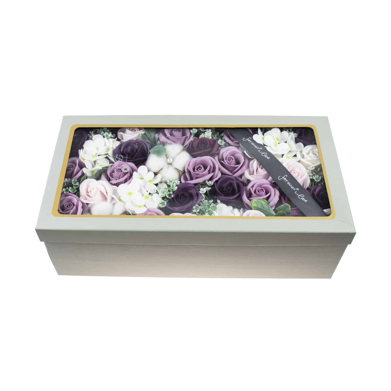 Aranjament floral cu trandafiri multicolori din sapun, parfum delicat, cutie decorativa