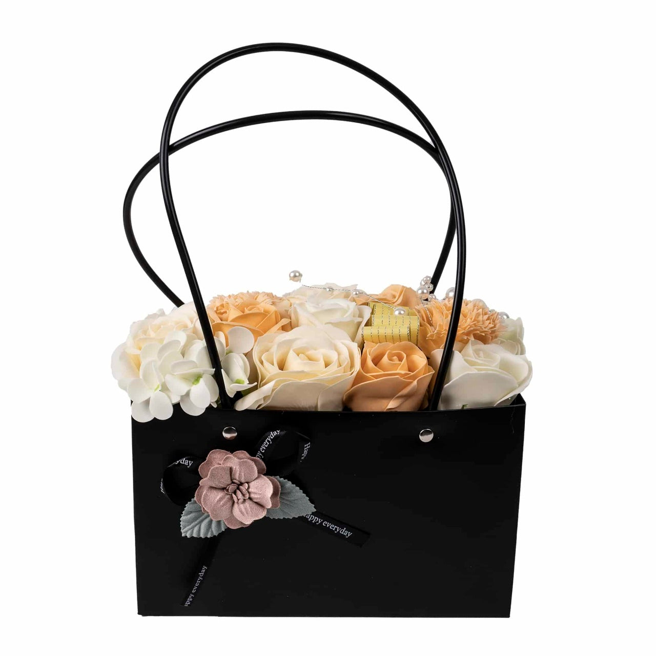 Aranjament floral cu trandafiri multicolori din sapun, sacosa cadou crem si alb