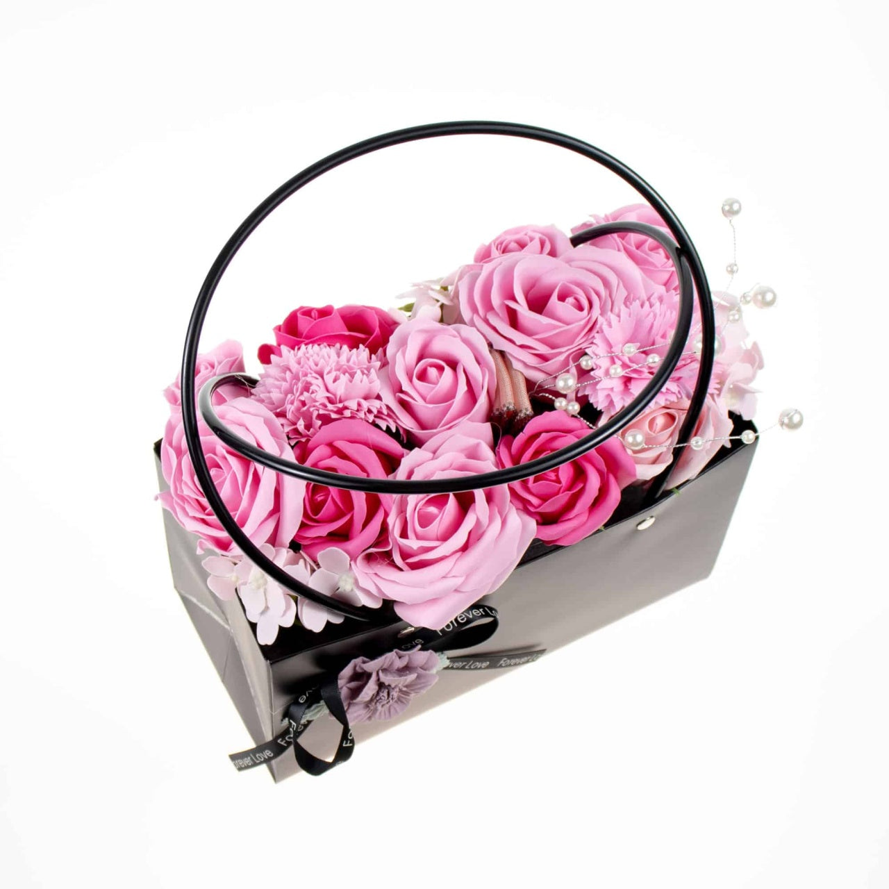 Aranjament floral cu trandafiri multicolori din sapun, sacosa cadou, parfum fin