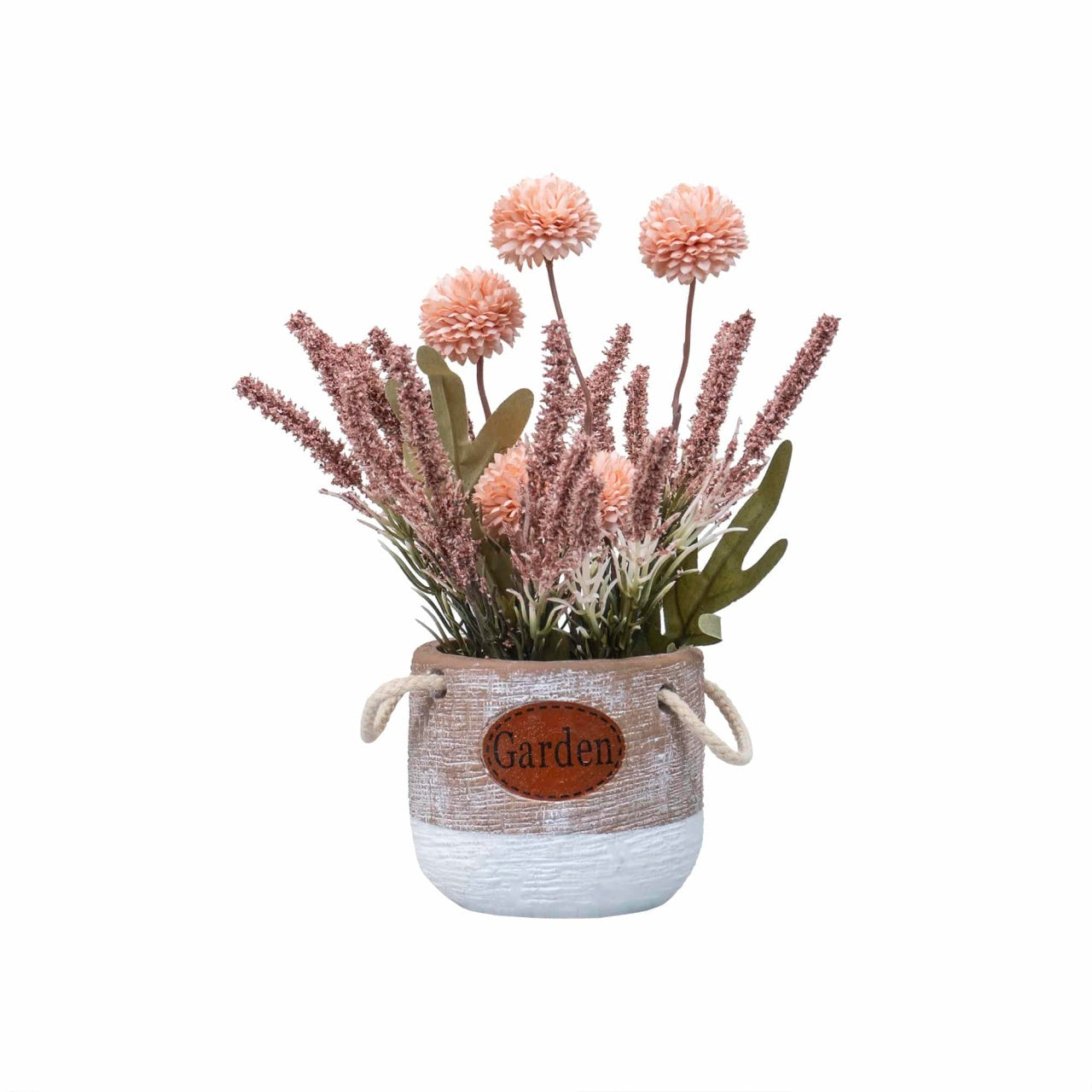 Aranjament floral in ghiveci ceramica, crizantema si lavanda, H27 cm, culoare somon