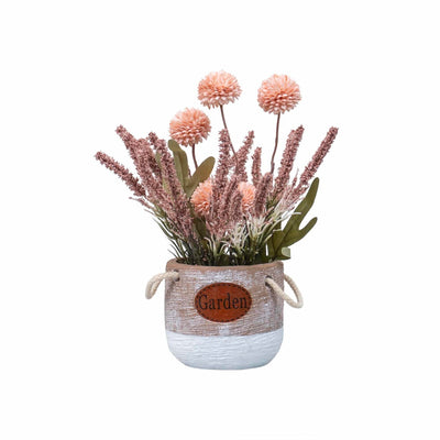 Aranjament floral in ghiveci ceramica, crizantema si lavanda, H27 cm, culoare somon