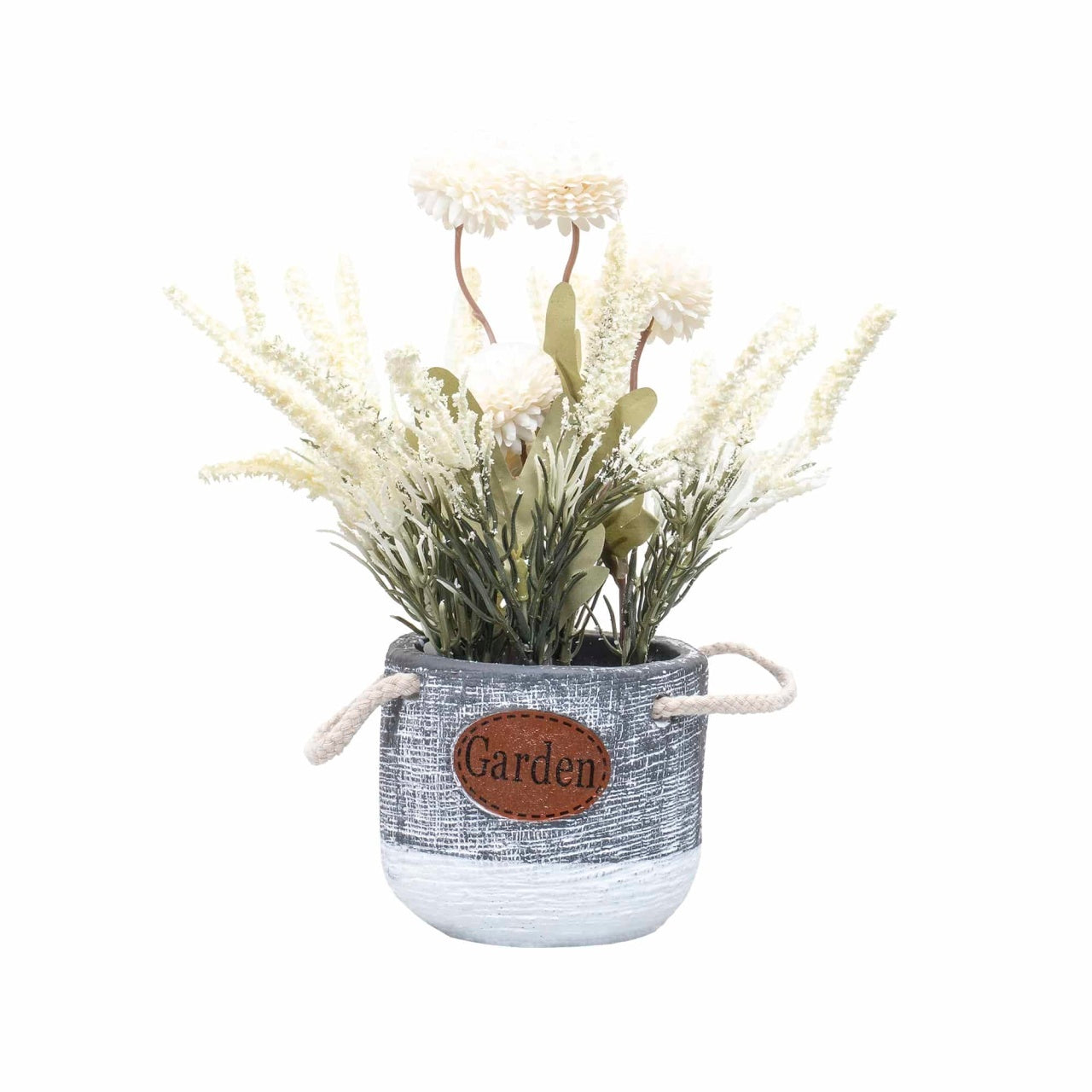 Aranjament floral in ghiveci ceramica cu crizantema si lavanda, H27 cm, alb