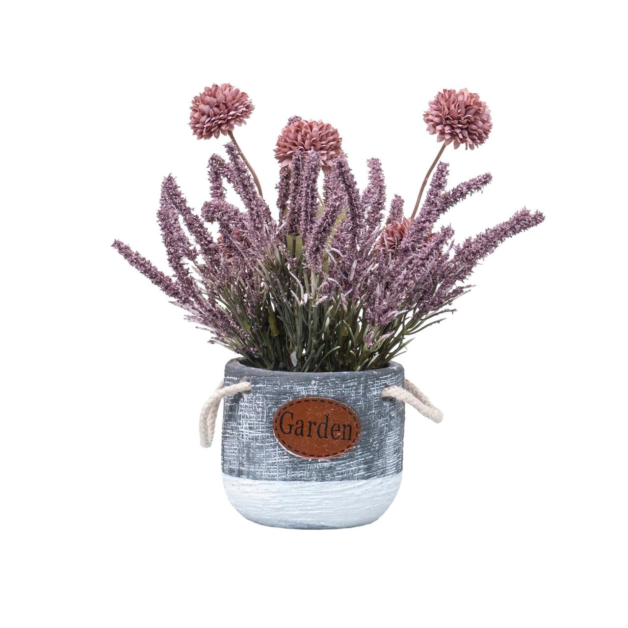 Aranjament floral in ghiveci ceramica cu crizantema si lavanda mov, H27 cm