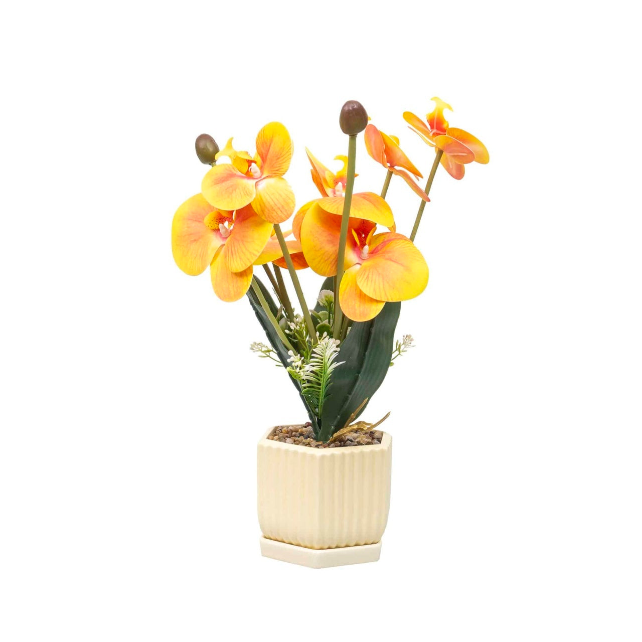 Aranjament floral orhidee in ghiveci ceramica, inaltime 37 cm, portocaliu