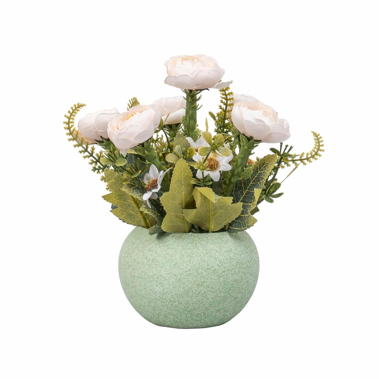 Aranjament floral trandafiri in ghiveci ceramica verde, H 20 cm
