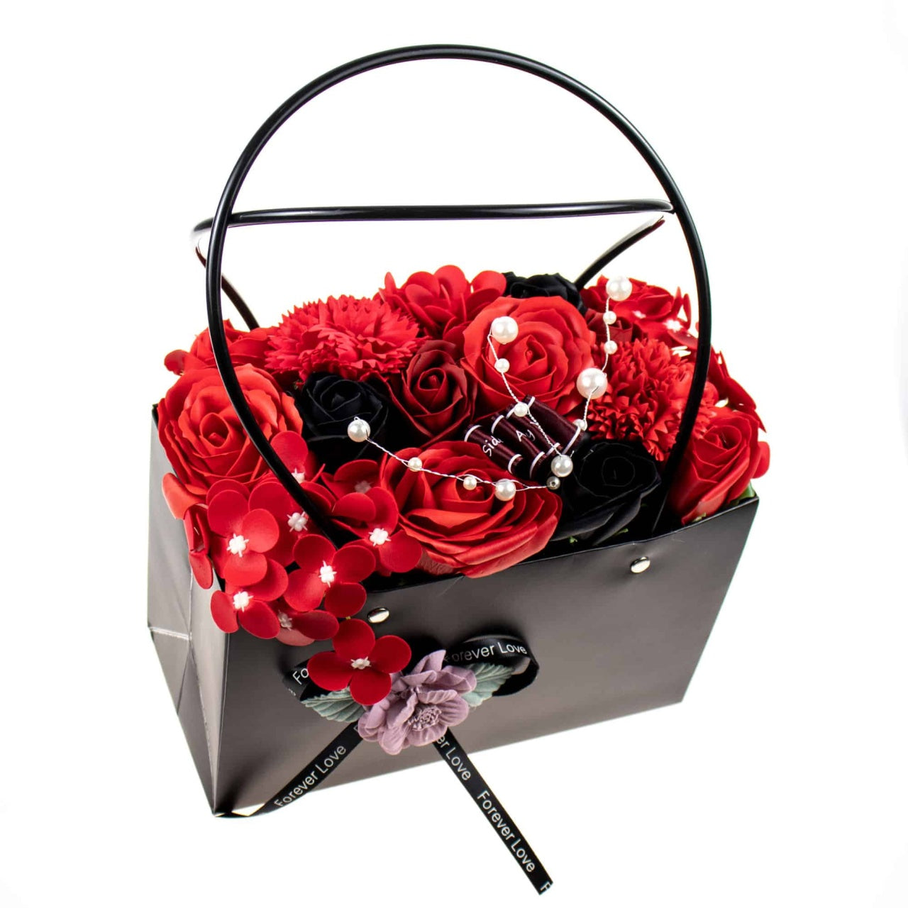 Aranjament floral trandafiri multicolori din sapun, sacosa cadou, parfum fin
